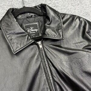 Disney Store Mens Black Leather Bomber Jacket Embossed Mickey Road Gear Large